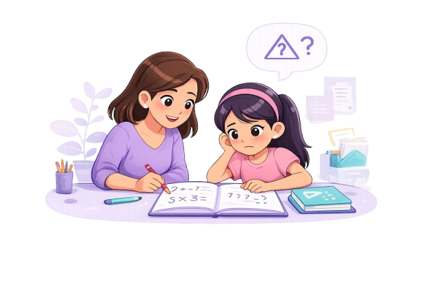 Madre o docente acompaña a una niña con su cuaderno de matemáticas; la niña muestra duda pero recibe apoyo cercano.